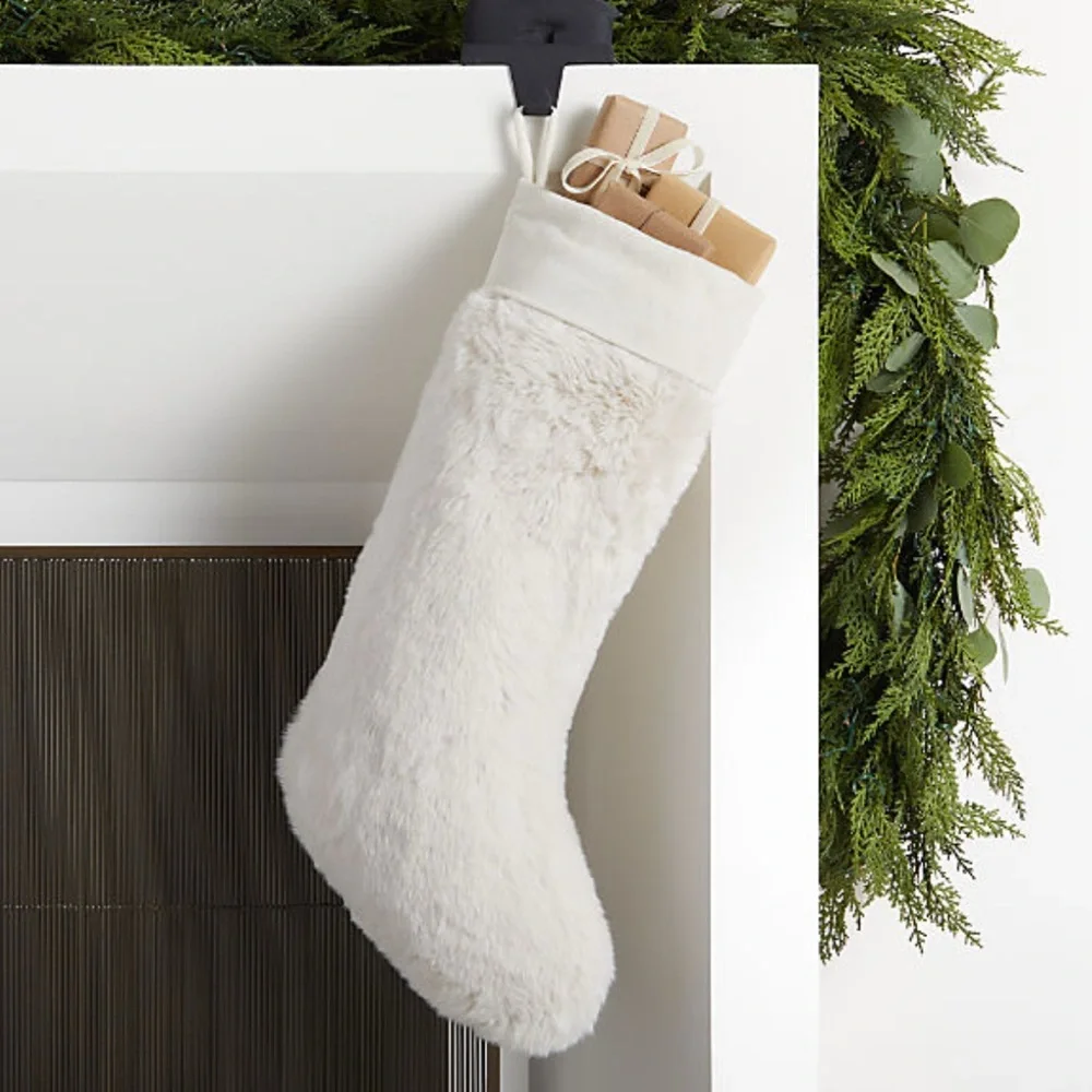 New! 🎄✨📯Crate&Barrel Cream Holiday Stocking in Ivory White Faux Fur